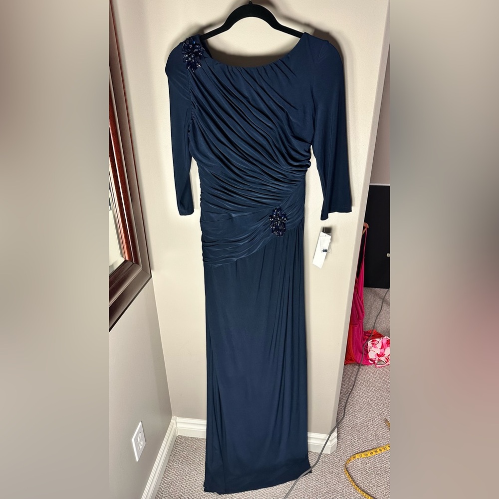 Adrianna Papell Blue Ruched Long Sleeve Gown